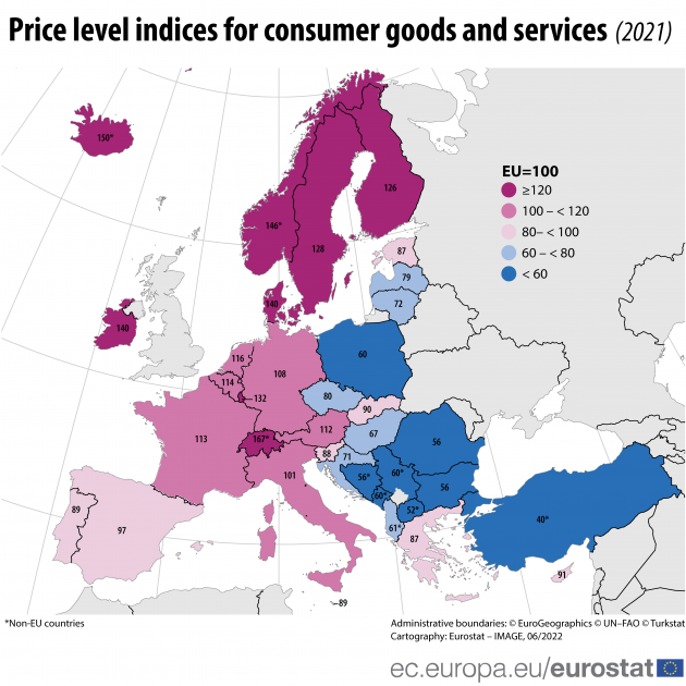 Preisniveau fr Konsumgter und Dienstleistungen ist in der EU sehr unterschiedlich - Quelle: Eurostat